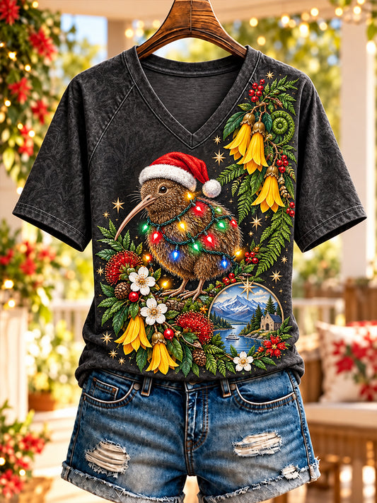 Women's Christmas In New Zealand V-Neck Short Sleeve T-Shirt