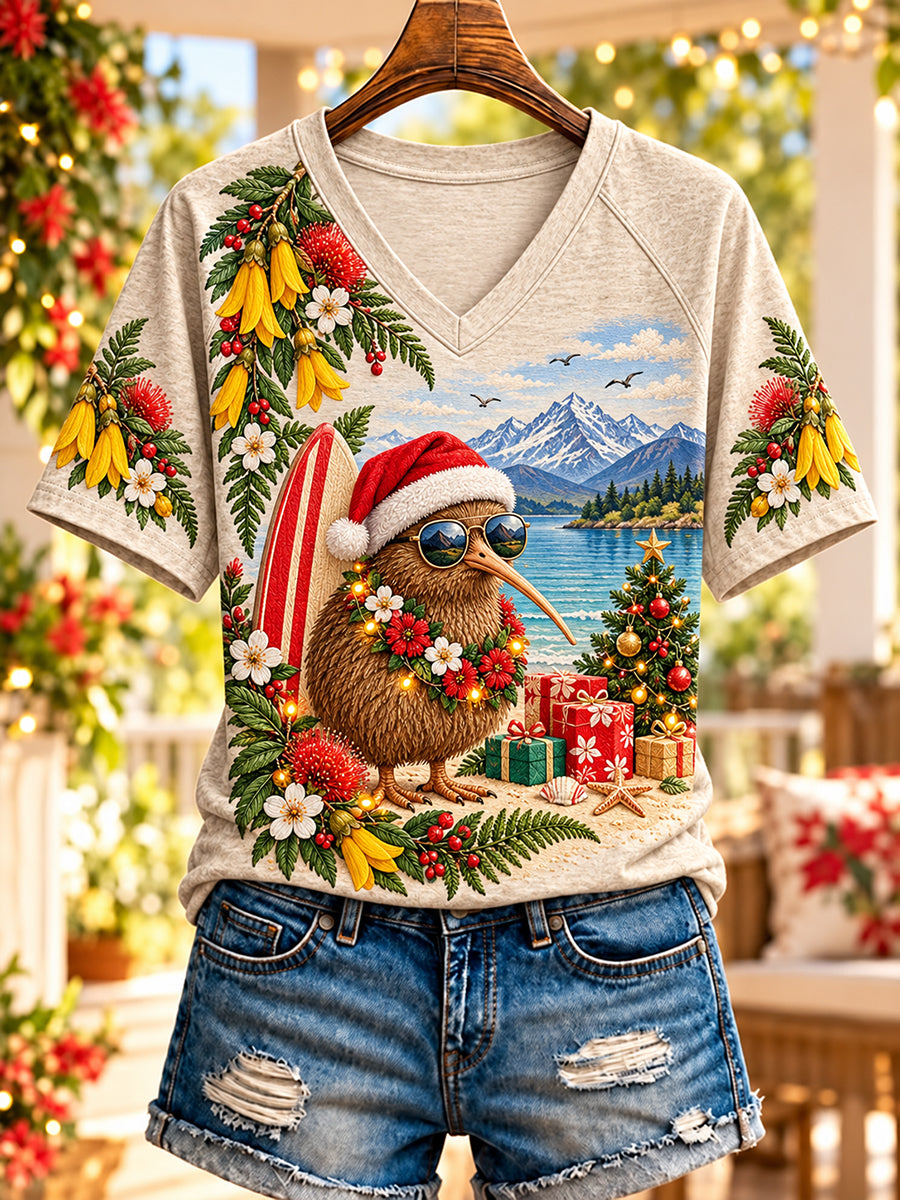 Women's Christmas In New Zealand V-Neck Short Sleeve T-Shirt
