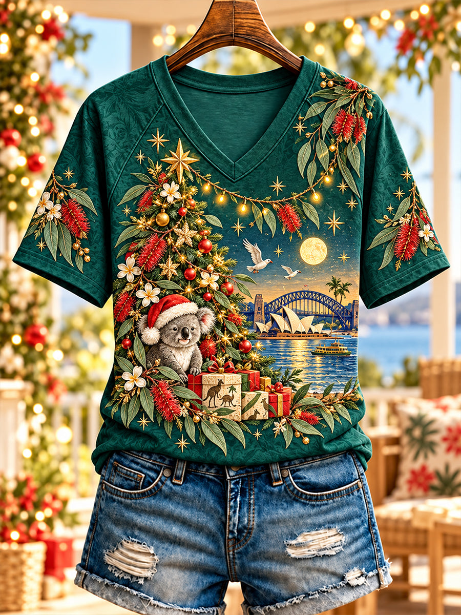 Women's Christmas In Australia V-Neck Short Sleeve T-Shirt