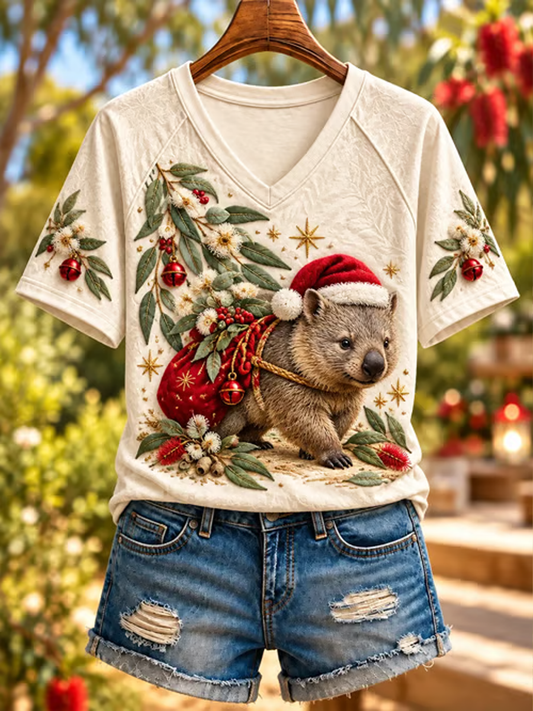 Women's Australian Christmas printed V-neck off-shoulder short-sleeved T-shirt