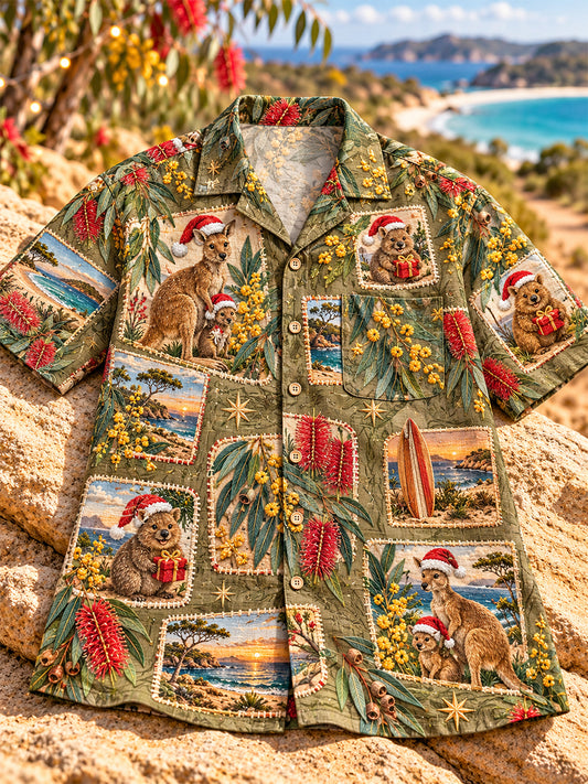 Men's Retro Australian Christmas Cotton-Linen Short-Sleeve Shirt
