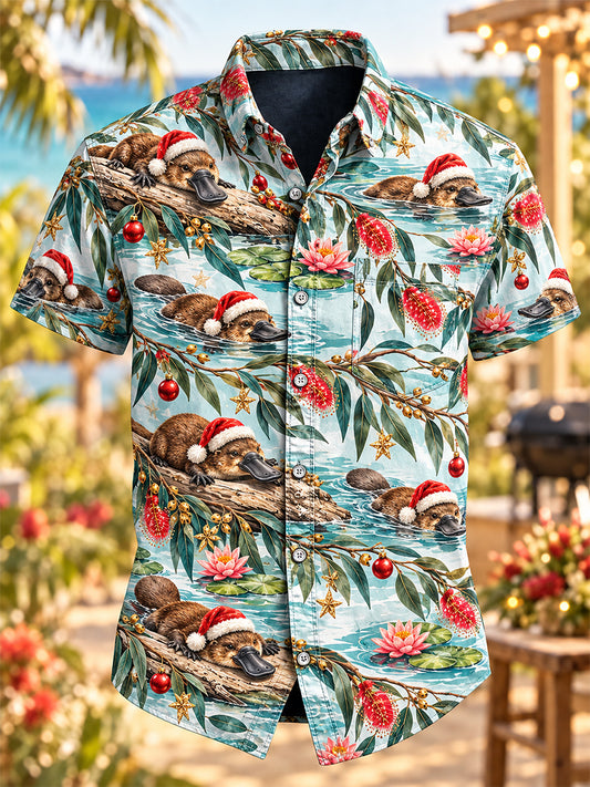 Men's Retro Australian Christmas Cotton-Linen Short-Sleeve Shirt