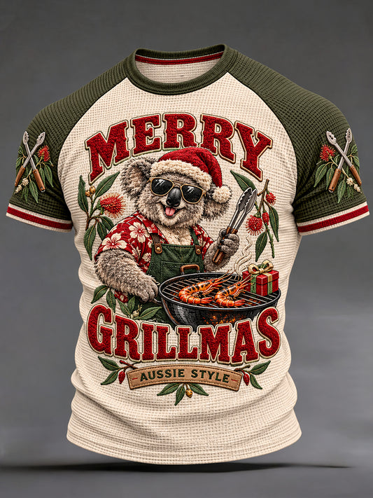 Men's AU Christmas Art Printed Waffle T-shirt