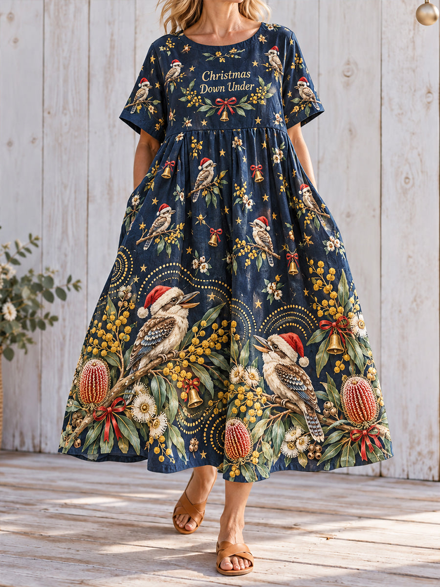 Women's Australian Christmas Art Printed Linen Dress