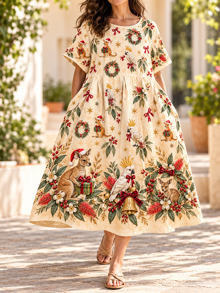 Women's Australian Christmas Art Printed Linen Dress