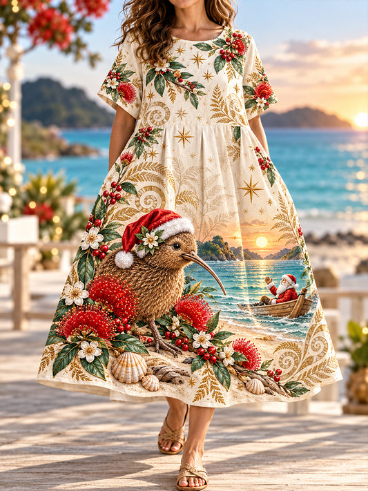 Women's New Zealand Christmas Art Printed Linen Dress