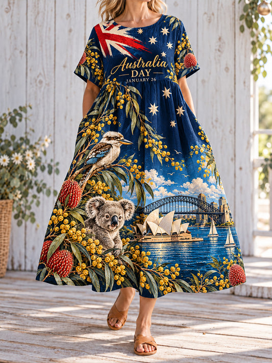 Women's Australia Day Art Printed Linen Dress