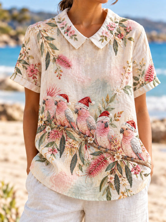 Women's Christmas in Australia Printed Cotton-Linen Shirt