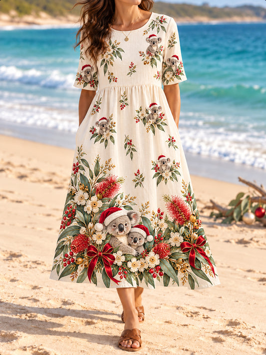 Women's Australian Christmas Art Printed Linen Dress