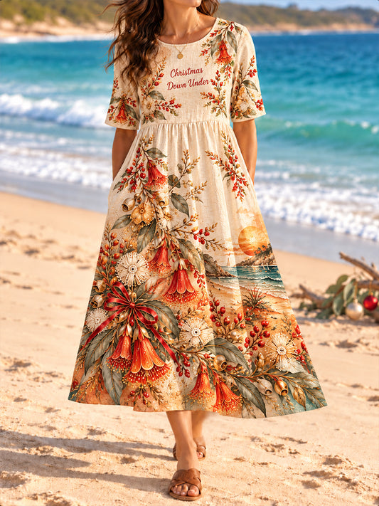 Women's Australian Christmas Art Printed Linen Dress