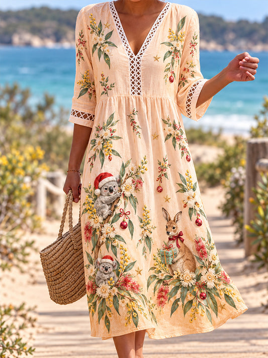 Women's Christmas In Australia  V-Neck Openwork Shirt Dress