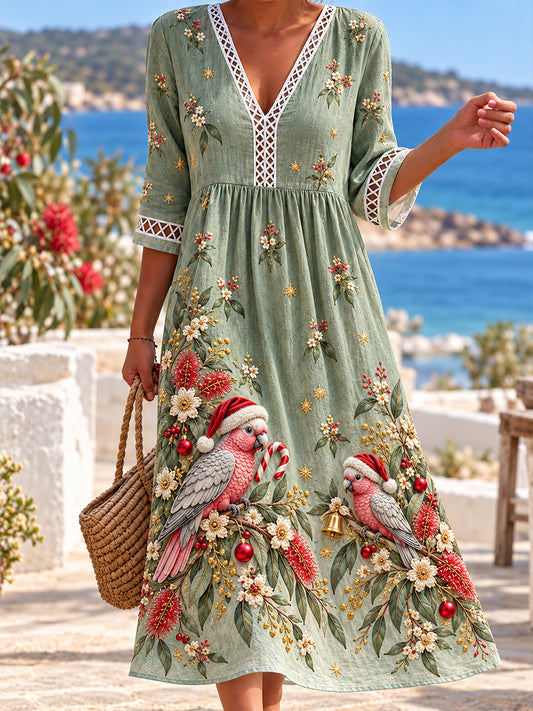 Women's Christmas In Australia  V-Neck Openwork Shirt Dress