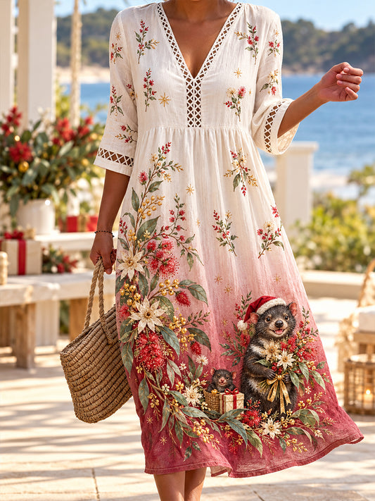 Women's Christmas In Australia  V-Neck Openwork Shirt Dress