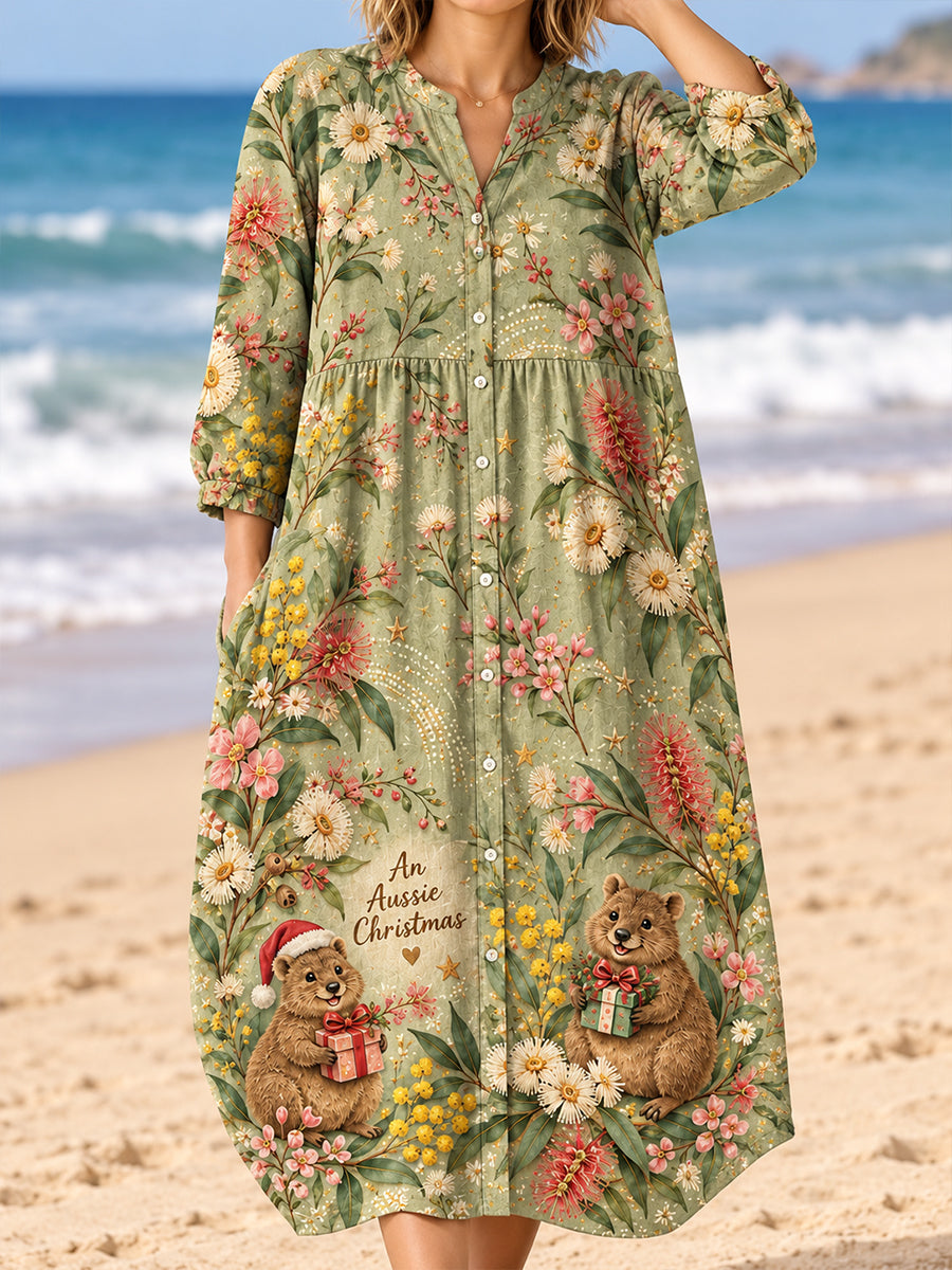 Women's Christmas In Australia  Art Print Casual Cotton-Linen Dress