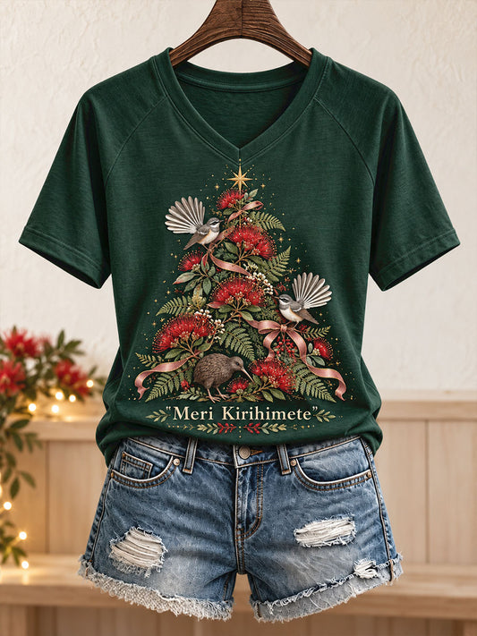 Women's NZ Christmas Art Printed T-Shirt