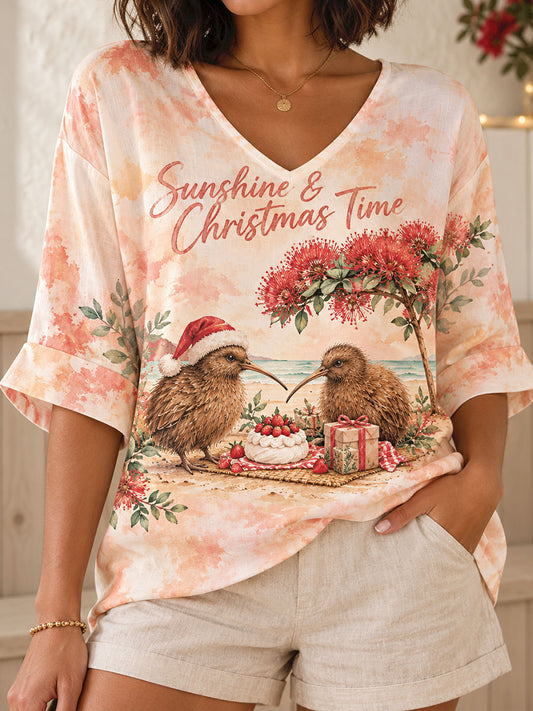 Women's NZ Christmas Art Printed T-Shirt